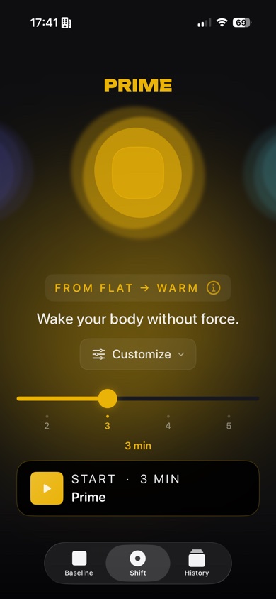 Shift breathwork screen showing Prime mode